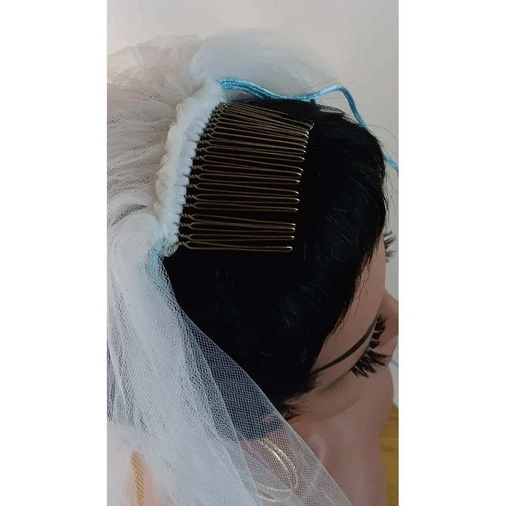 Bridal wedding Tulle net Blue Rolled hem Hair Comb layered short Veil 29.5